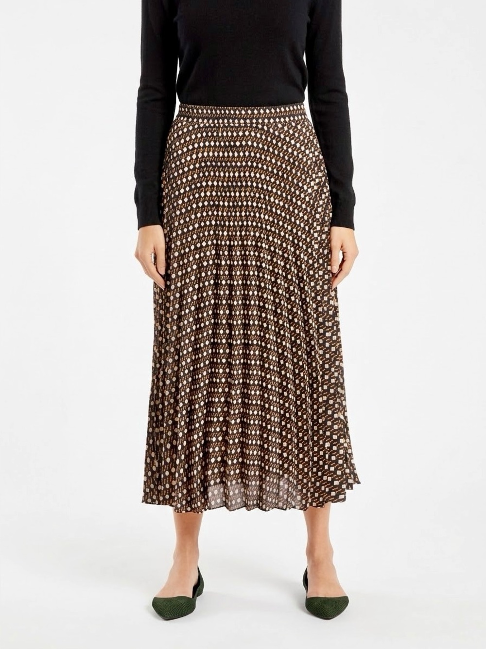 MAX STUDIO Black White Brown Geometric Polka Dots Graduated Pleated Midi Skirt